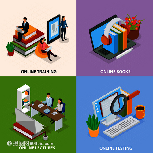 線教育等距理念,網(wǎng)絡培訓,電子書籍,互聯(lián)網(wǎng)講座,知識測試孤立矢量插圖線教育等距